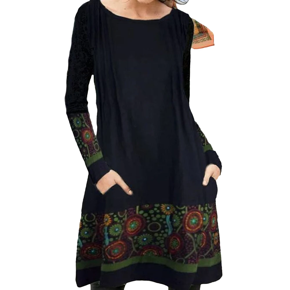 

Лоскутное платье в стиле ретро для женщин с длинным рукавом и o-образным вырезом, платье свободные Vestidos Mujer карман женская одежда повседневн...