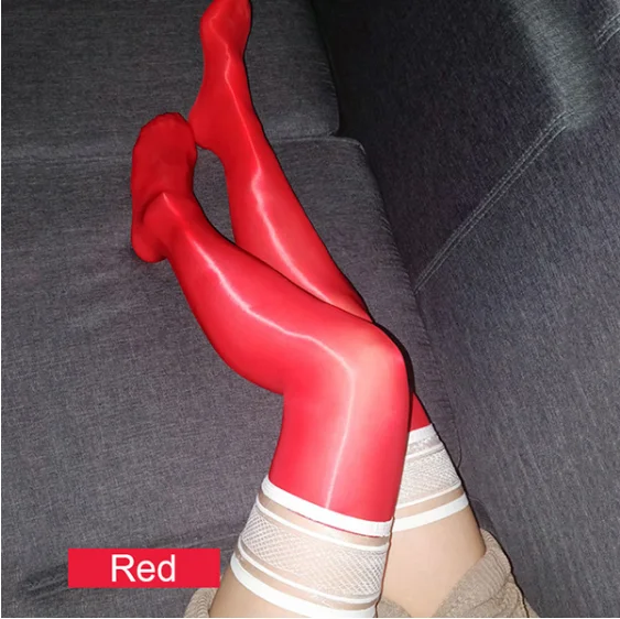 Женское эластичное белье чулки до бедра с блестящими масляными вставками на