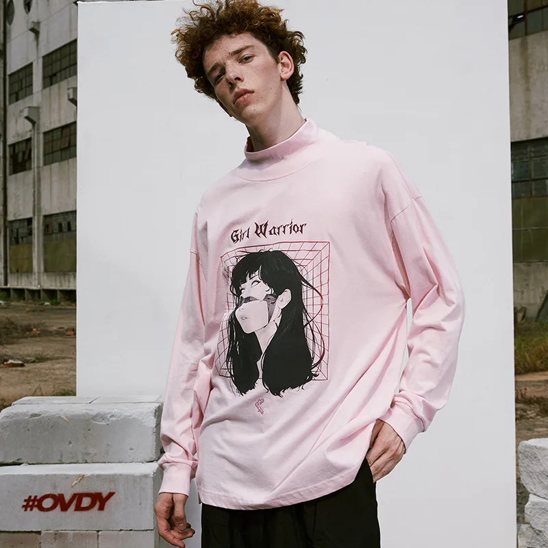 

Firmranch Spring/Autumn High Quality Pink&White Ins Graffiti Print Long Sleeve Sweatshirt Hip-Hop Half High Collar Sport Hoodie