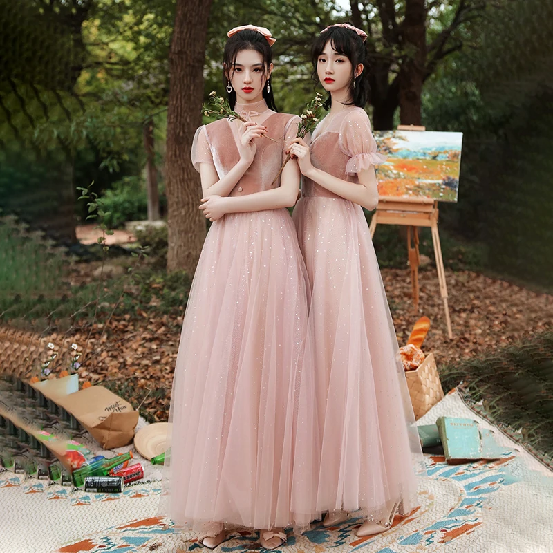 

Bridesmaids Dresses Illusion Boat-Neck Sequined A-Line Sleeveless Off The Shoulder Floor-Length Women Wedding Party Gown E396