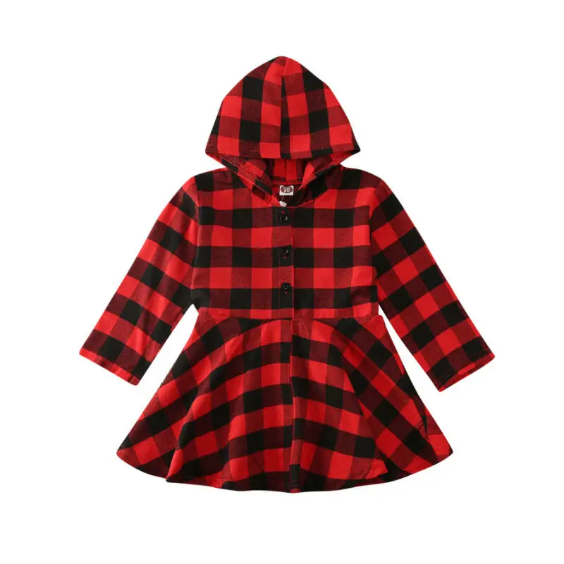Платье в клетку с капюшоном Pudcoco весна-осень для малышек и детей, рождественского цвета для девочек, наряд для Рождества 1-6T.