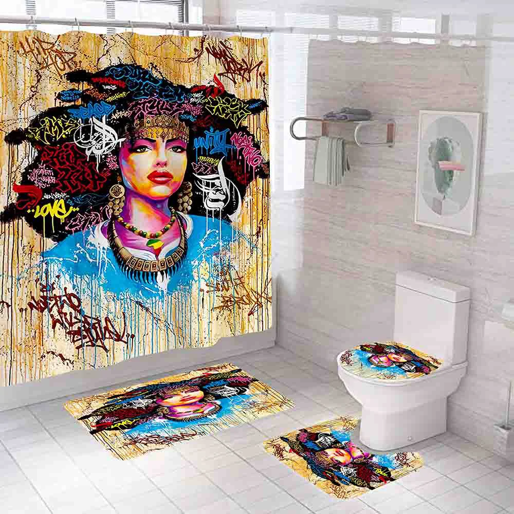 Комплект занавески для душа в афроамериканском стиле с граффити девушек и женщин
