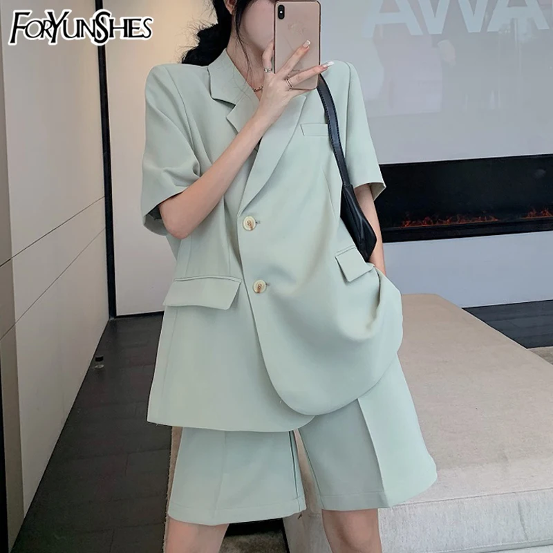 

Green Small Suit Blazer Jacket Women Thin Short Sleeve Single-breasted Loose Business Coat +Shorts 2021 Summer Office Outfits