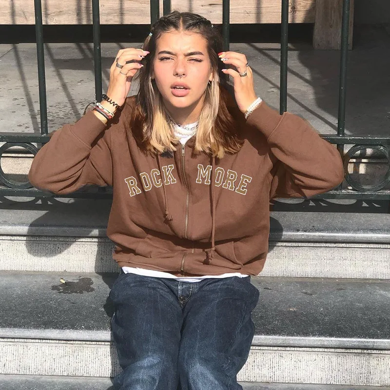 

Embroidery Letter Print Hoodies 2021 Spring Autumn Womens Vintage Solid Patchwork Zipper Pocket Long Sleeve Pullovers Sweatshirt