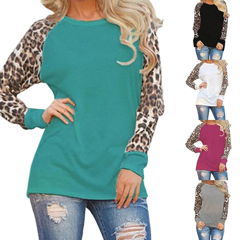 2019 Осенняя Сексуальная леопардовая футболка женская с круглым вырезом лоскутный