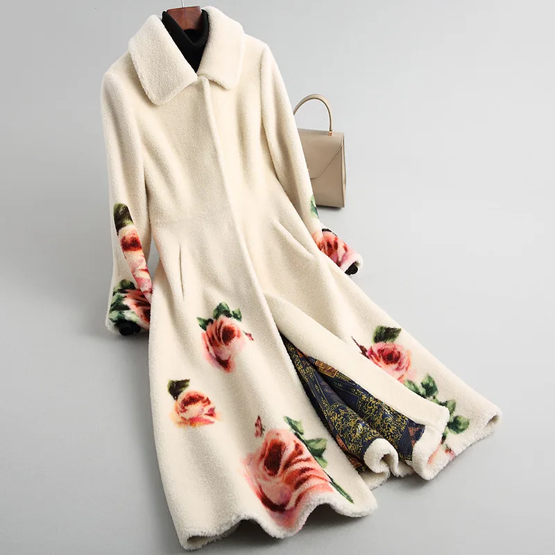 Spring New High Quality Fashion Thick Warm Fur Sheep Shearing Coat Winter Women's Wool Jacket Long Print Floral Flower Overcoat