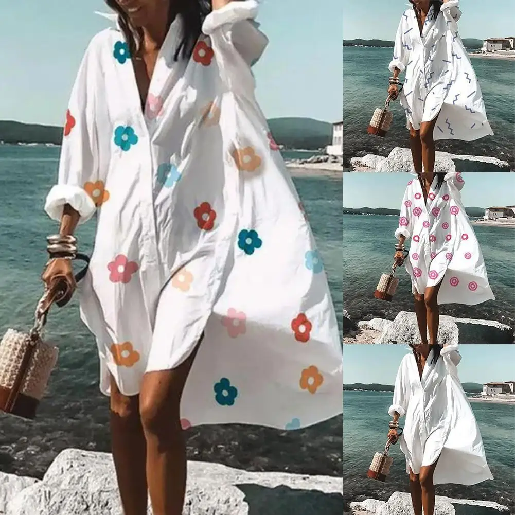 

Женское асимметричное платье-рубашка средней длины с длинным рукавом и цветочным принтом