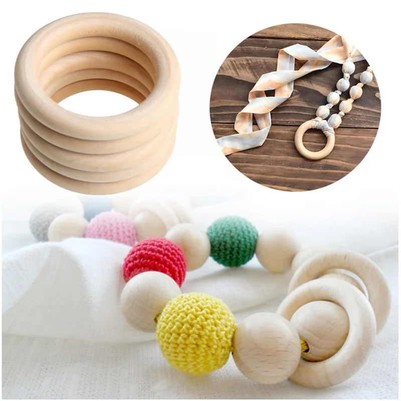 50 piezas 40mm anillos de dentici&oacute;n Natural para beb&eacute;, collar de madera, pulsera-5
