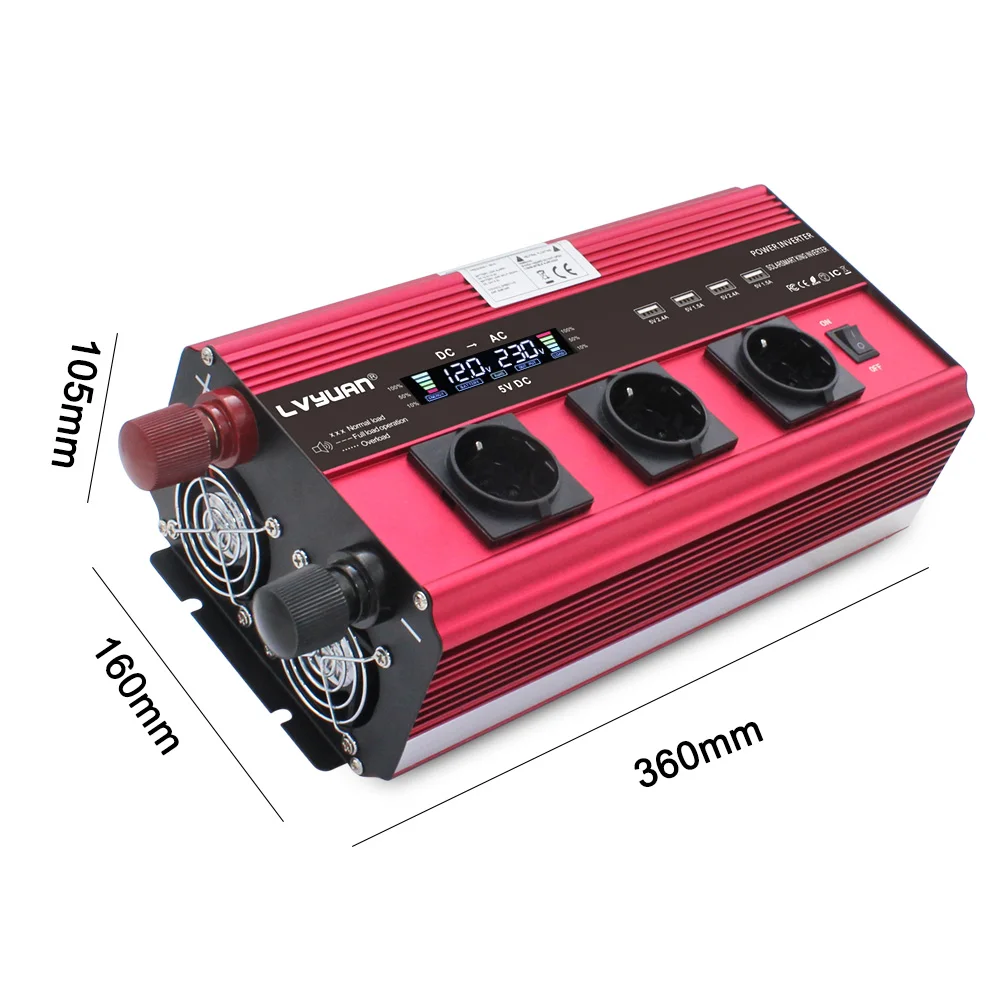 ЖК-дисплей Display12000w инвертор питания DC 12 В AC 220 В обеспечение конвертера солнечной энергии модифицированная Синусоидальная волна 4USB 4 вентилятор с пультом дистанционного управления