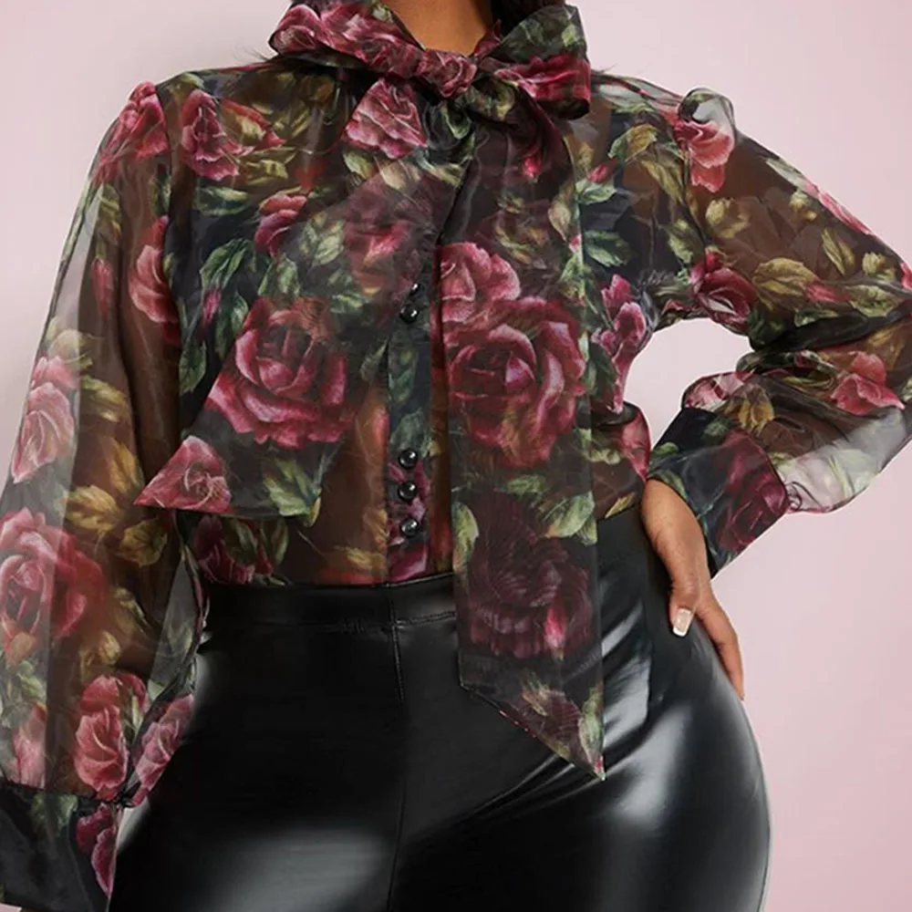 Женская блузка с цветочным принтом сексуальная прозрачная рукавами фонариками