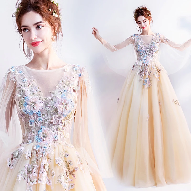 

Flower Light Gold Diamond-studded Beaded Mesh Plus Size Bridesmaid Party Evening Long Dresses for Women