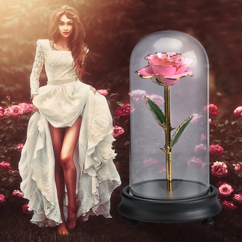 Реалистичная розовая в стеклянном куполе из 24 каратного золота искусственный