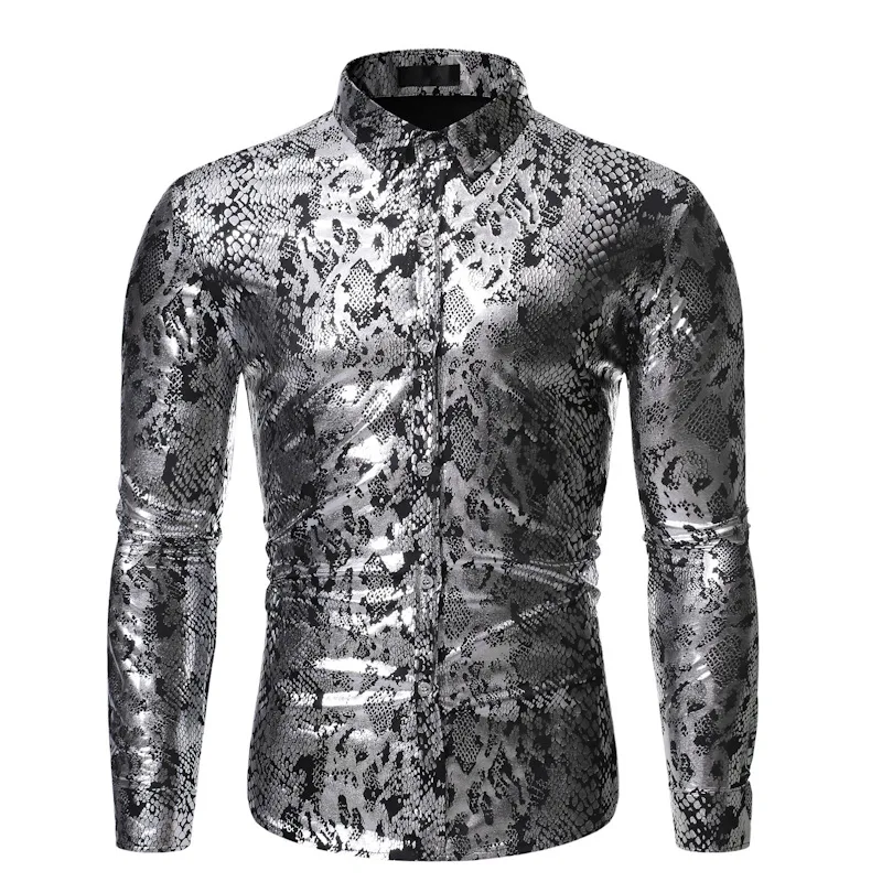 

Mens Sexy Snake Pattern Print Dress Shirts Chemise Homme 2022 Brand New Nightclub Prom Shirt Men Slim Fit Long Sleeve Shirt Male