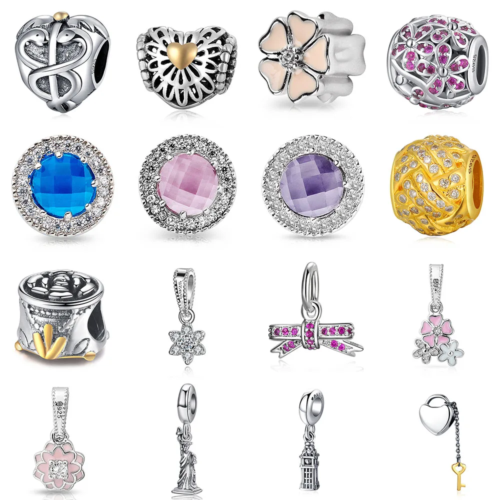 

925 Sterling Silver Beads Charms Heart Snake Pink Flower Statue Of Liberty For Original Pandora Charms Women Bracelets & Bangles