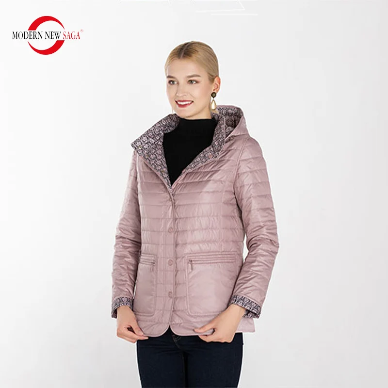 Dark Pink MODERN NEW SAGA Осенняя Женская Куртка Двусторонняя Куртка Хлопок Стеганая Куртка С Капюшоном Синтепон Женское Пальто Короткое Теплая Куртка Для Женщин Куртки Женские Осенние Русский Размер - Цвет: Dark Pink