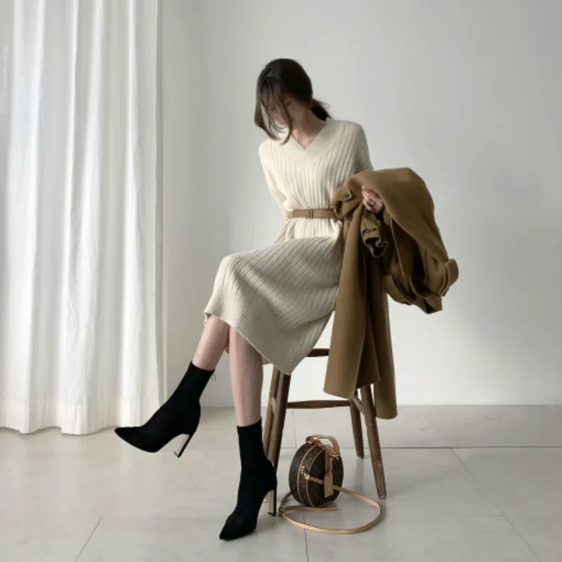 

New pattern Women Autumn Winter Sexy V Neck Long Sleeve Knitted Sweater Dress Long Sleeve Straight Cozy Pullover Slim Dresses