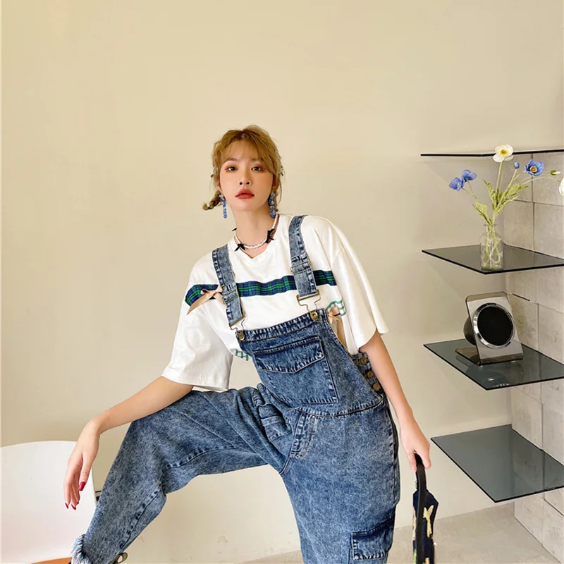 

LANMREM High Waist Blue Burrs Denim Button Pockets Long Overalls New Fit Pants Women Fashion Tide Autumn Summer 2021 2F0172