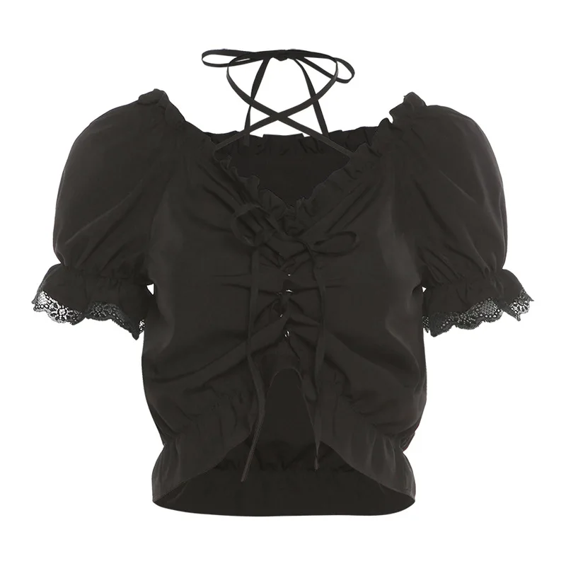 

Fashion Black Halter Puff Sleeve T-shirt Drawstring Slim Crop Top Short Sleeve Lace Up Beach Vacation Womens Blouses and Tops