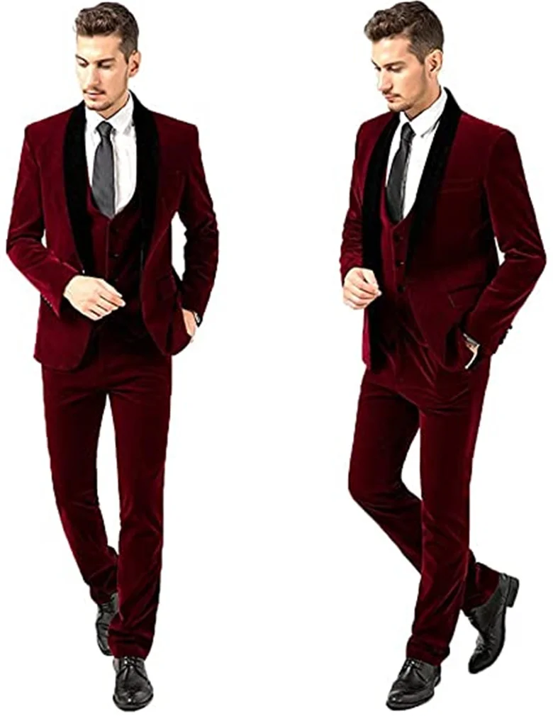 Burgundy 3 Pieces Mens Wedding Suits Velvet Slim Fit Lapel Business Double Breasted Vest Costume Formal Terno Masculino Clothing