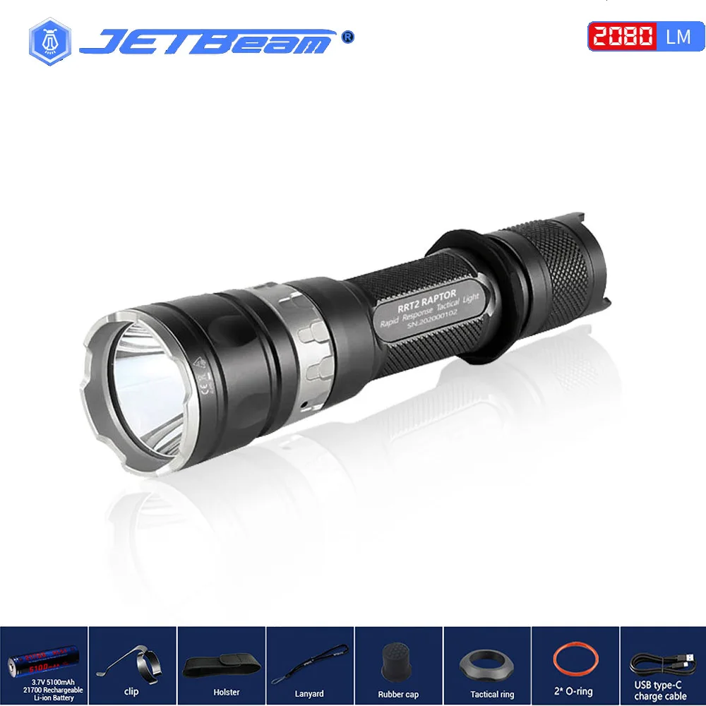 Jetbeam RRT2 LED Flashlight 2080 Lm Tactical Flashlight with 21700 Li-ion Battery for Camping Police