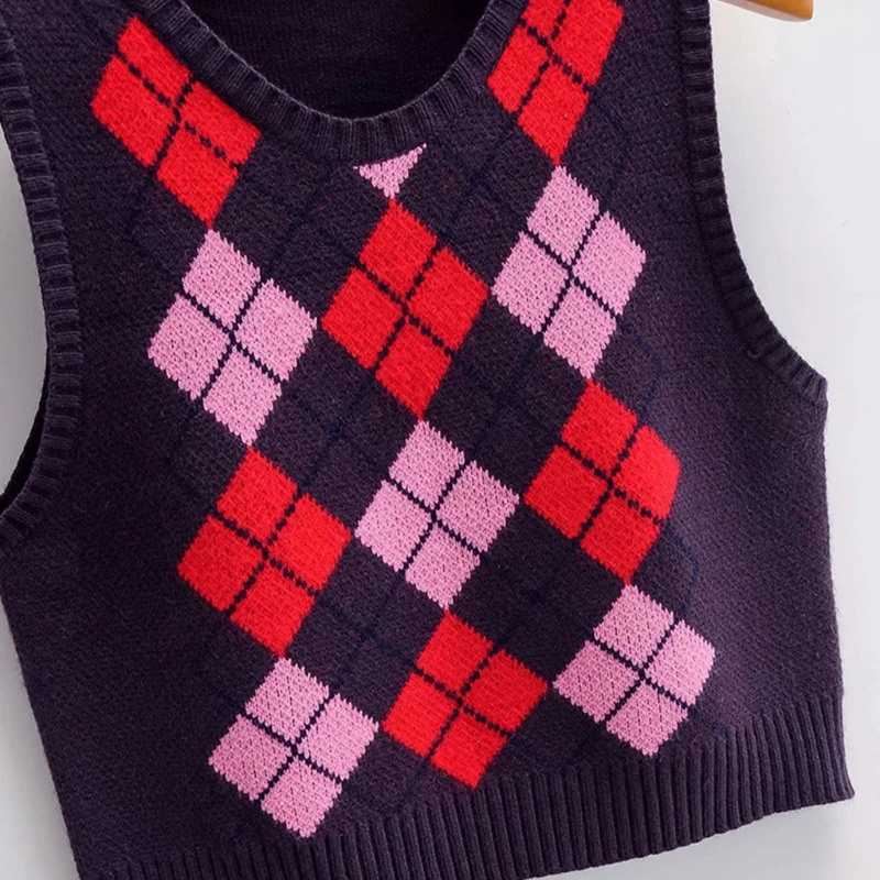 

Women Autumn Sleeveless Knitted Sweater Vest Vintage Rhombus Plaid Cropped Tank Top Preppy Style Student Pullover Slim Streetwea