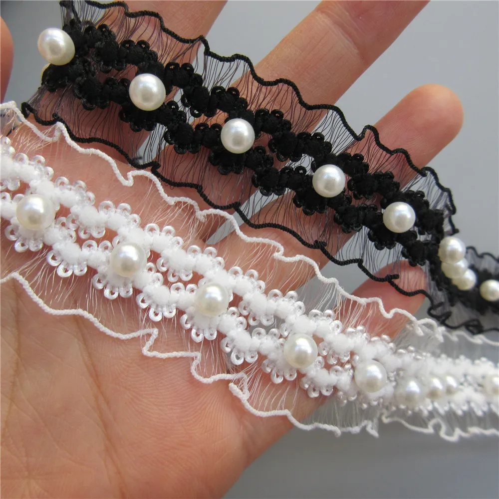 1 Yards White/black Pearl Beaded Elastic Lace Trim Tape Ribbon Fabric Collar Dress Sewing Garment Headdress Materials 25mm | Дом и сад