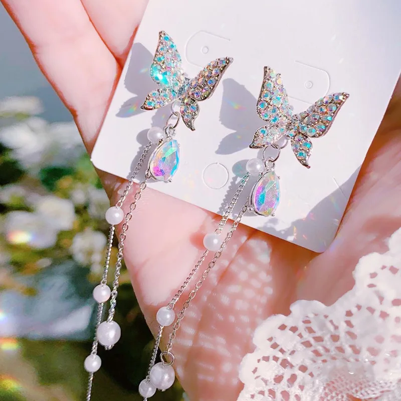 

Elegant Fashion Tassel Purple Pearl Shiny Butterfly Rhinestone Earring Temperament Long Pendants Bow Earrings Charm Lady Jewelry