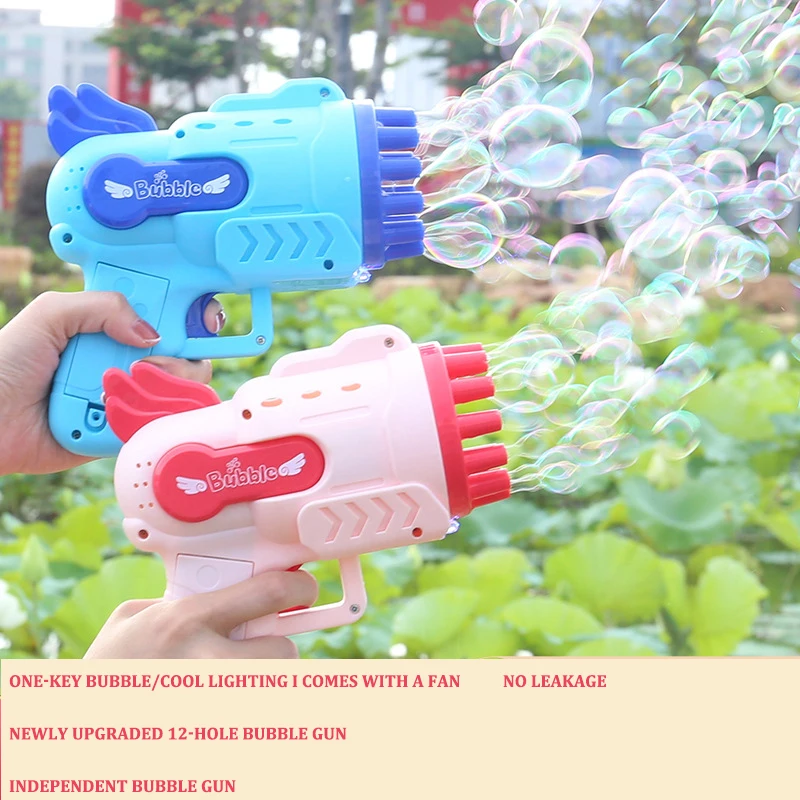 

New Gatling 12 Hole Bubble Gun Electric Bubble Blower Bar Liquid Water Powder Blue Fan Net Red Children's Toy