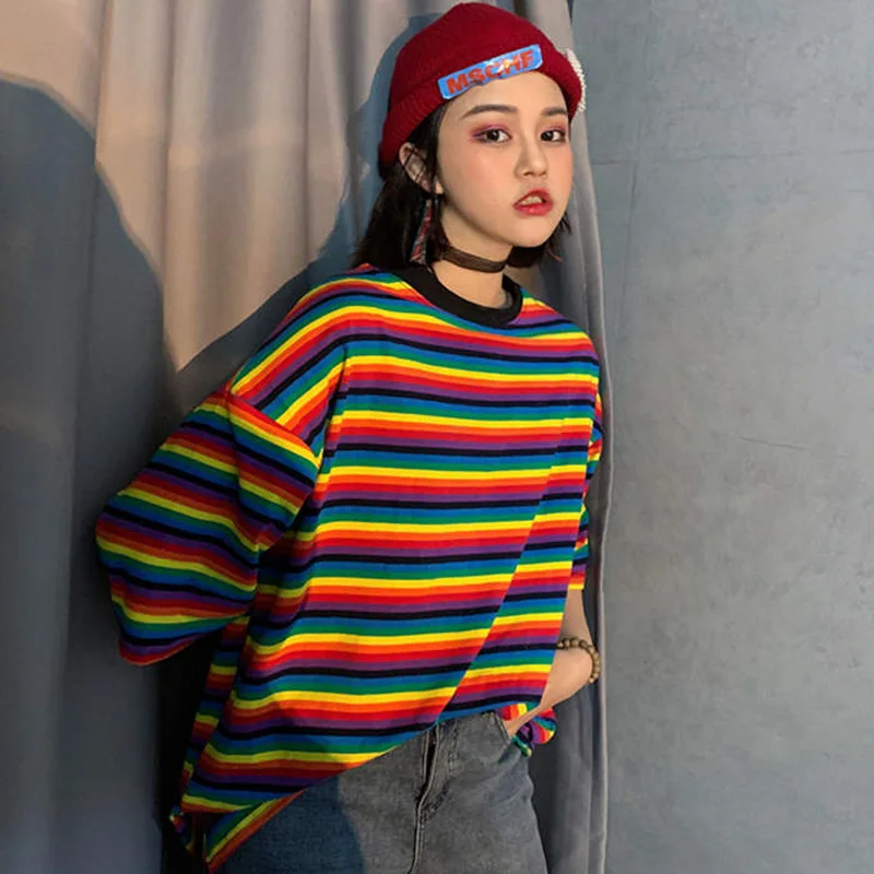 

FAKUNTN summer new Women T-Shirts Rainbow Striped Tee Shirts O-neck Harajuku Loose T Shirt Woman Clothes Short Sleeve Tshirts