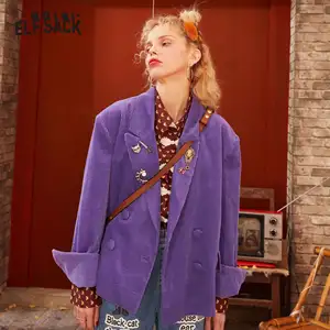Женский блейзер ELFSACK, фиолетовый однотонный двубортный пиджак в Корейском стиле, осенняя повседневная верхняя одежда больших размеров, осень 2020
