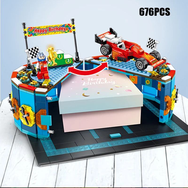 

Creative Delicious Birthday cake Gift building block F1 racing car assembly racer figures bricks toys collection