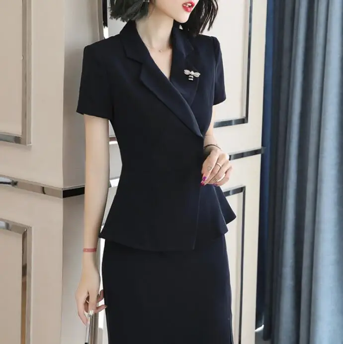 Женский офисный костюм деловой модный дизайнерский блейзер с короткими рукавами