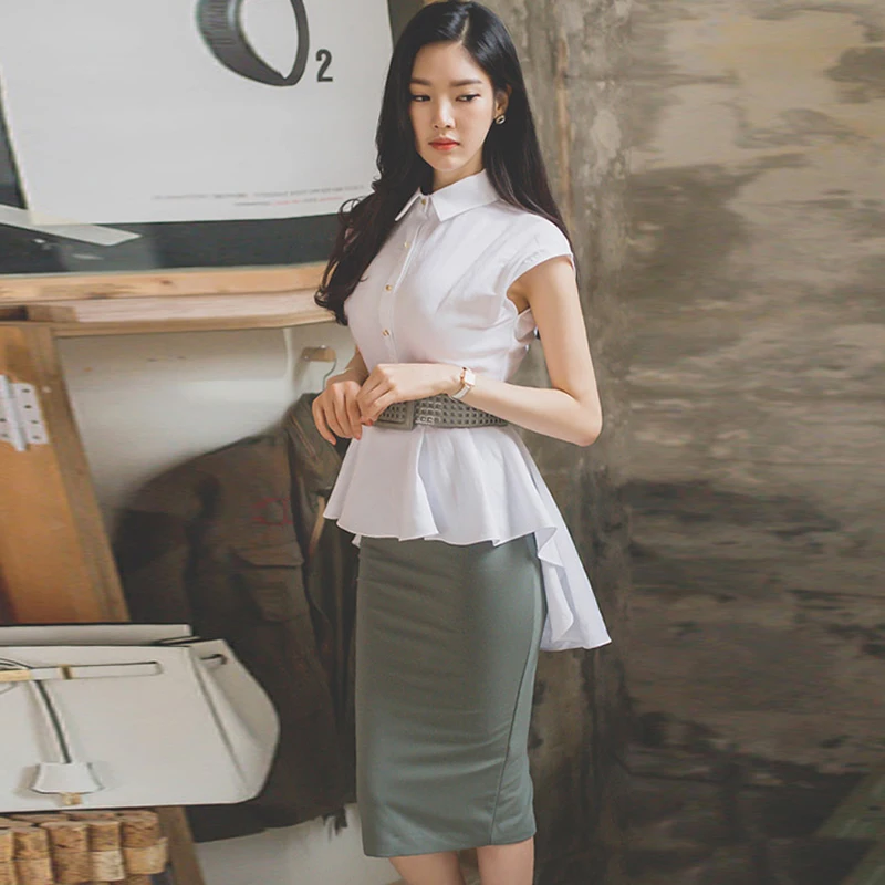 Женский комплект из блузки и Юбки-миди с поясом баской |