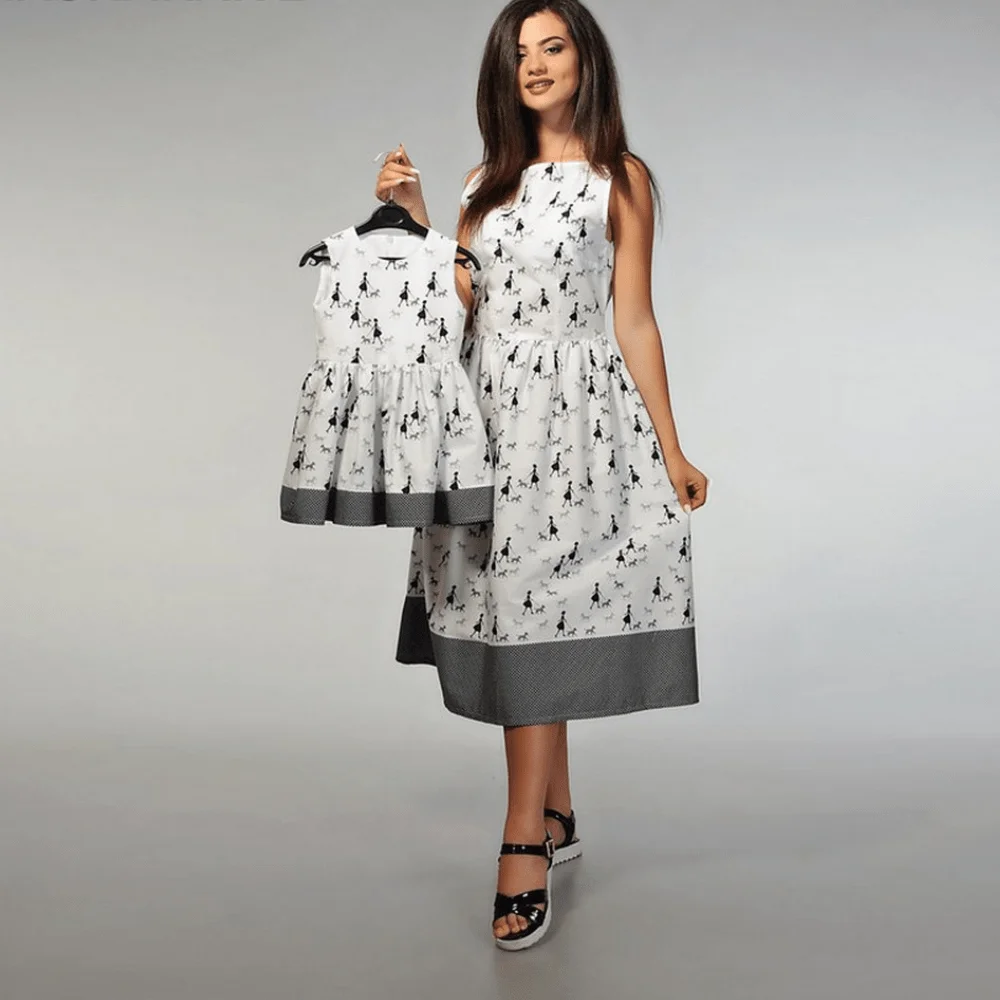

Family Look Dress Fashion Character Dancing Print Tank Knee Dress For Mother and Daughter Mommy and Me Matching Clothes