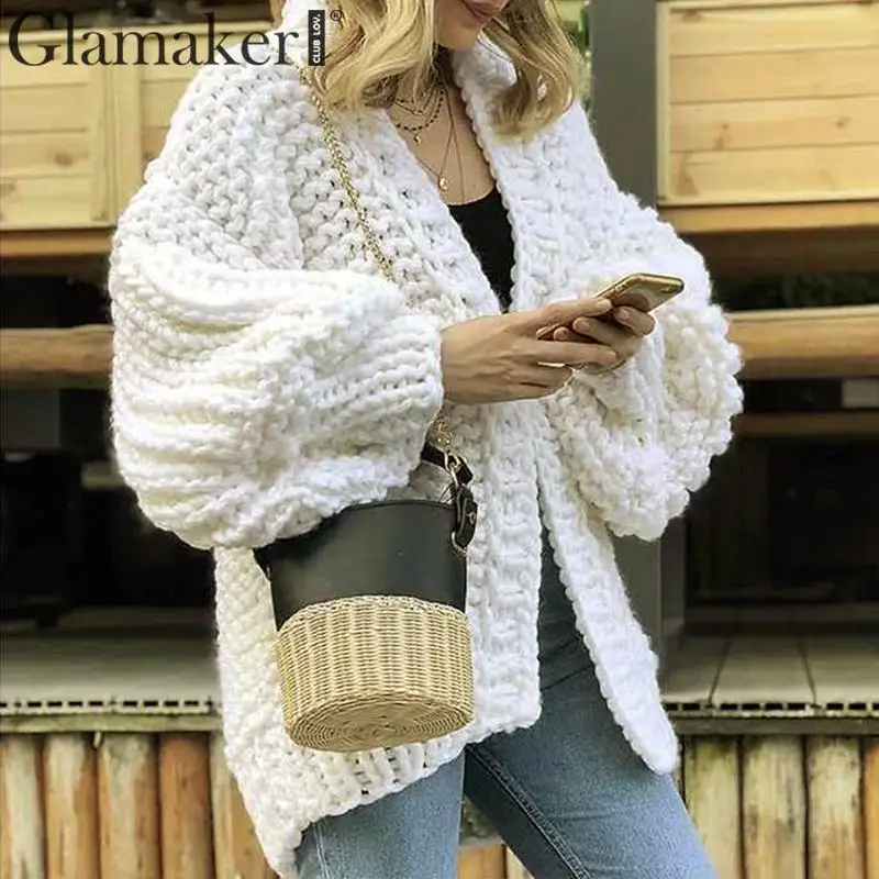 Glamaker длинный рукав фонаря черный вязаный кардиган женский свободный сексуальный