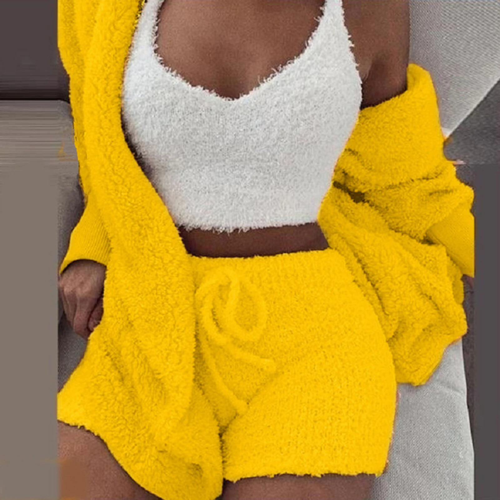 

Autumn Winter Women Plush Sexy V-Neck Vest Shorts Long Sleeve Jacket Coat Set