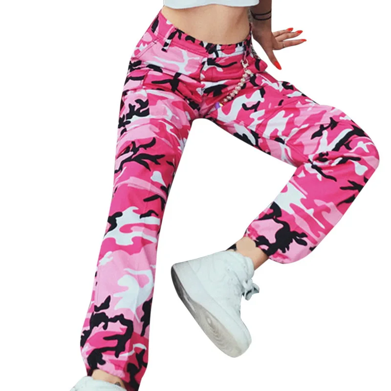 rose red Autumn Fashion Camouflage Printed Cotton Pants Women Casual Pleated Loose Military Trousers Sportwear Gym Camo Pants Female - Цвет: rose red