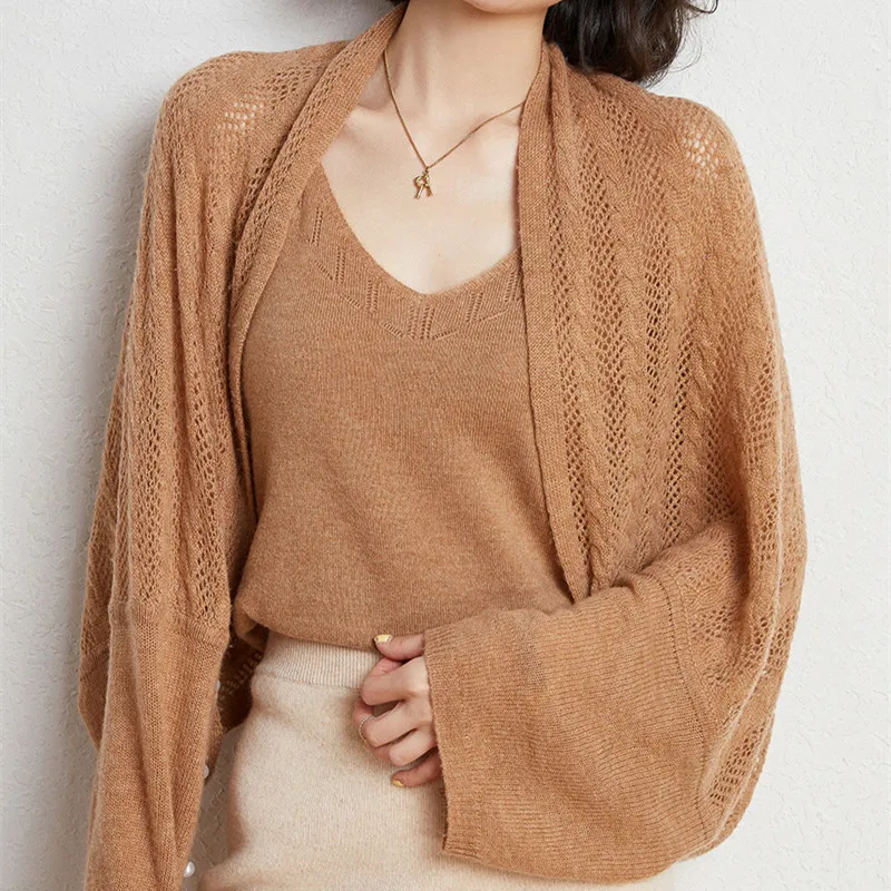 Women New Three Kinds Of Wear Cashmere Knit Hollow Shawl Scarf Cardigan Fashion Four Seasons All-Match High-End 100%Wool Sweater