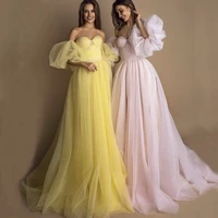 2021 new elegant sweetheart detachable sleeves pink long evening dress party robe de soiree yellow prom dresses with belt
