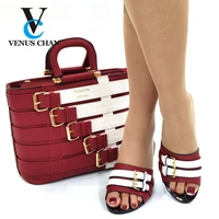 hot selling african design lastest noble style women shoes and bag set decorated with rhinestone in wine red color for party