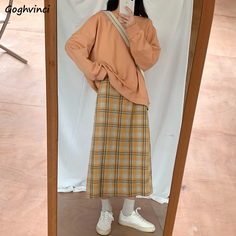 

Plaid Women Skirts Mid-calf Streetwear Korean Style Spring New Students All-match Black-slit Chic A-line High Waist Harajuku Ins