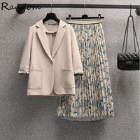 plus size winter autumn elegant prom ol suit blazer coat top and floral print pleated skirt two piece set women clothing outfit