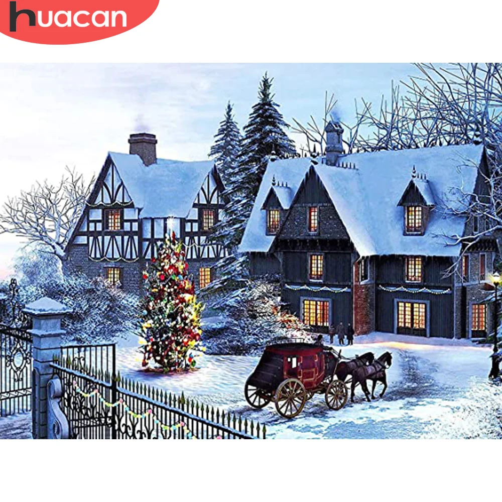 

HUACAN House Diamond Painting Christmas 5D DIY Diamond Embroidery Landscape Mosaic Winter Decorative Paintings
