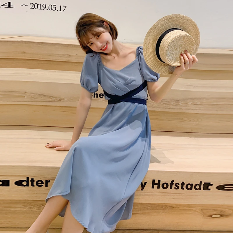 Приталенное платье миди летние французские корейские модные ретро платья с