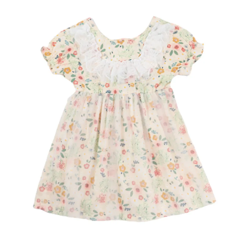 

Kids 2021 Summer new Girls puff Sleeve lace mesh Dress Children sweet floral print dress Kids Short-Sleeved O-Neck Dress 1-7T