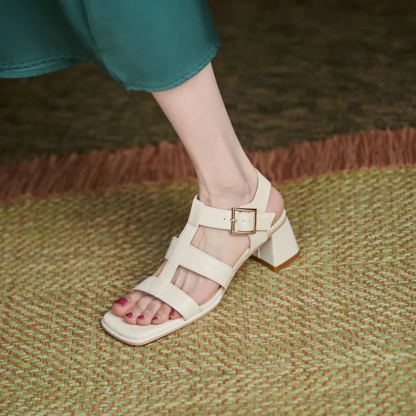 

QUTAA 2021 New Summer Retro Sandals Square High Heel Buckle Female Shoes Open Toe Microfiber Cut Outs Women Pumps Big Size 34-43