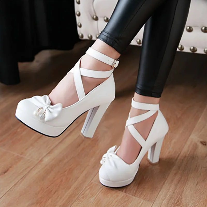 

Spring Women Pumps Fashion Pointed Toe Cross-tie Buckle Butterfly-tie High Heel Woman Party Wedding Shoes Big Size Platform Heel
