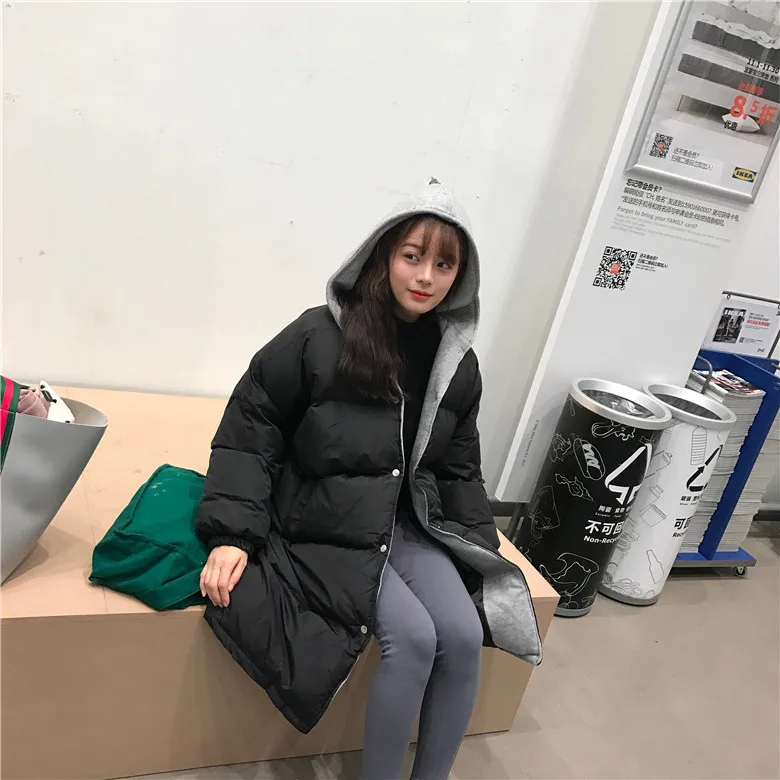 2511# зимнее женское платье в Корейском стиле, однобортное худи с капюшоном средней длины, одежда с хлопковой подкладкой, хлопковое пальто для улицы
