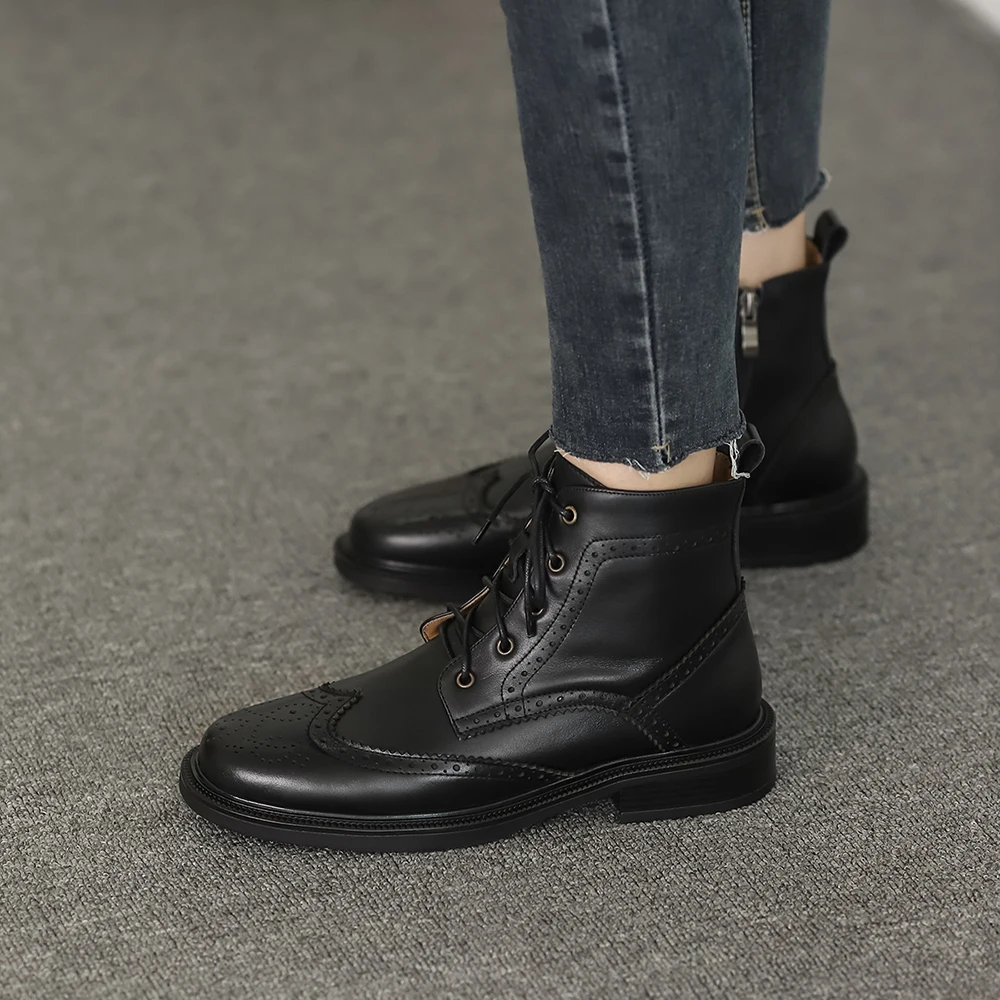 Jual Tendang Renda Up Pergelangan Kaki Sepatu Bot Wanita Kulit Asli Musim Gugur Musim Dingin Klasik Inggris Sepatu Fashion Sepatu Wanita Flat Hitam Coklat 40