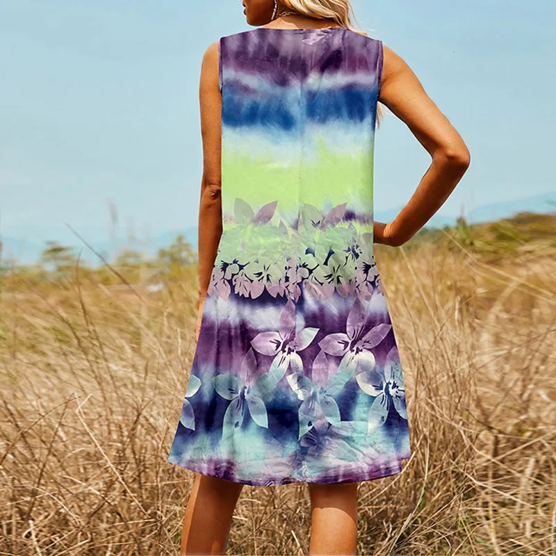 

Women Casual Striped Tie-dye Print Party Dress Vintage Spring V Neck Loose Mini Dress Summer Elegant Sleeveless Tank Dress 2021